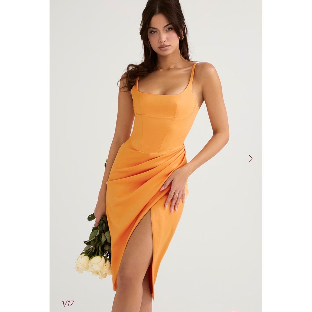 House of CB Bianca Orange Draped Corset Midi Dress Square Neck Satin S NWT